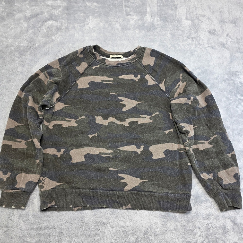 Ragdoll Los Angeles Women XS Camo Sweatshirt Distressed‎ Raglan Crew Neck Green